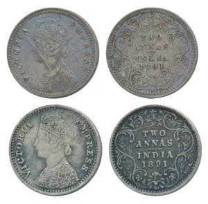 Victoria Empress, Silver 2 Annas (2), 1891, Calcutta Mint, B / II / C incuse, (Prid 506); 