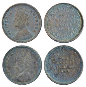 Victoria Empress, Silver 2 Annas (2), 1894, Calcutta Mint, B /II / C incuse, (Prid 509); B