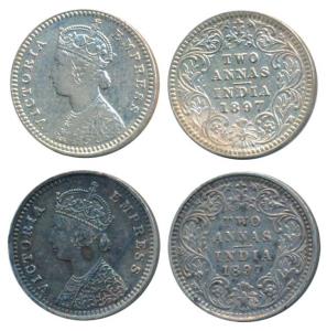 Victoria Empress, Silver 2 Annas (2), 1897, Calcutta Mint, B / II / C incuse, (Prid 512); 
