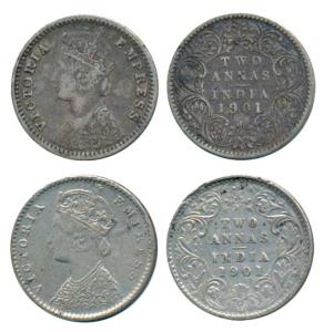Victoria Empress, Silver 2 Annas (2), 1901, Calcutta Mint, B / II / C incuse, (Prid 515); 