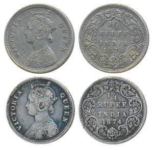 Victoria Queen, Silver ¼ Rupee (2), 1874, Calcutta Mint, A / I / No mint mark, (Prid 379);