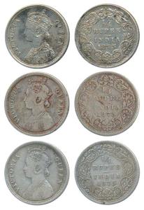 Victoria Queen, Silver ¼ Rupee (3), 1875, Bombay Mint, A / I / No mint mark, (Prid 406). V