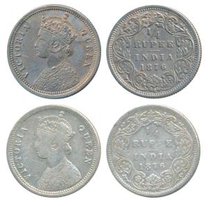 Victoria Queen, Silver ¼ Rupee (2), 1876, Bombay Mint, A / I / No mint mark, (Prid 407). A