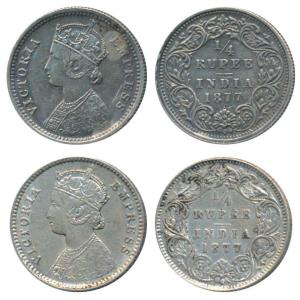 Victoria Empress, Silver ¼ Rupee (2), 1877, Calcutta Mint, B / I / No mint mark, (Prid 382