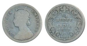 Victoria Empress, Silver ¼ Rupee, 1880, Calcutta Mint, C / II / C incuse, (Prid 385). Fine