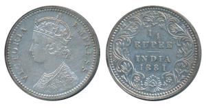 Victoria Empress, Silver ¼ Rupee, 1881, Calcutta Mint, C / II / C incuse, (Prid 386). Extr