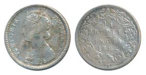 Victoria Empress, Silver ¼ Rupee, 1882, Bombay Mint, B / I / Dot, Unlisted in Pridmore. Fi