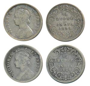 Victoria Empress, Silver ¼ Rupee (2), 1884, Calcutta Mint, C / II / C incuse, (Prid 389); 