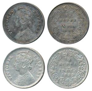 Victoria Empress, Silver ¼ Rupee (2), 1885, Calcutta Mint, C / II / C incuse, (Prid 390); 