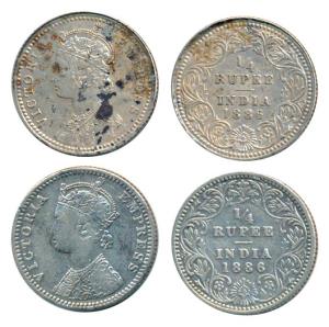 Victoria Empress, Silver ¼ Rupee (2), 1886, Calcutta Mint, C / II / C incuse, (Prid 391); 