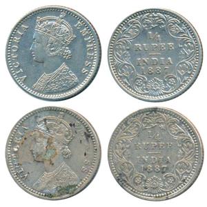 Victoria Empress, Silver ¼ Rupee (2), 1887, Calcutta Mint, C / II / C incuse, (Prid 392); 