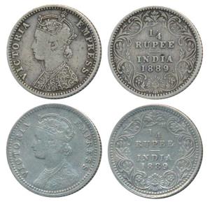 Victoria Empress, Silver ¼ Rupee (2), 1889, Calcutta Mint, C / II / C incuse, (Prid 394); 