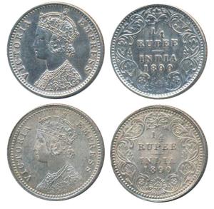 Victoria Empress, Silver ¼ Rupee (2), 1890, Calcutta Mint, C / II / C incuse, (Prid 395); 