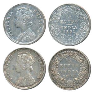 Victoria Empress, Silver ¼ Rupee (2), 1891, Calcutta Mint, C / II / C incuse, (Prid 396); 