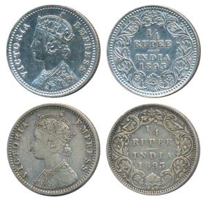 Victoria Empress, Silver ¼ Rupee (2), 1893, Calcutta Mint, C / II / C incuse, (Prid 398); 