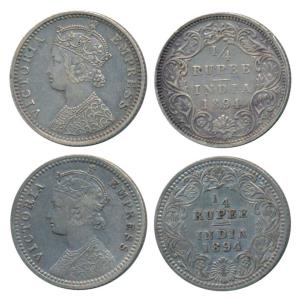 Victoria Empress, Silver ¼ Rupee (2), 1894, Calcutta Mint, C / II / C incuse, (Prid 399); 