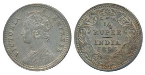 Victoria Empress, Silver ¼ Rupee, 1896, Calcutta Mint, C / II / C incuse, (Prid 400). Abou