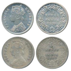 Victoria Empress, Silver ¼ Rupee (2), 1897, Calcutta Mint, C / II / C incuse, (Prid 401); 