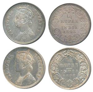 Victoria Empress, Silver ¼ Rupee (2), 1898, Calcutta Mint, C / II / C incuse, (Prid 402); 