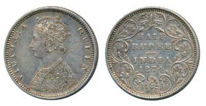 Victoria Queen, Silver ½ Rupee, 1874, Bombay Mint, B2 / II / Dot, (Prid 285). Extremely Fi