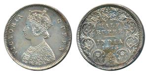 Victoria Queen, Silver ½ Rupee, 1875, Calcutta Mint, A / I / No mint mark, (Prid 260). Ext