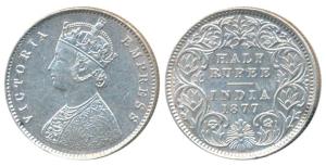 Victoria Empress, Silver ½ Rupee, 1877, Calcutta Mint, A / I / No mint mark, (Prid 261). A