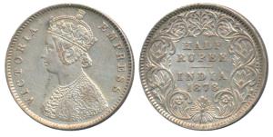 Victoria Empress, Silver ½ Rupee, 1878, Calcutta Mint, A / I / No mint mark, (Prid 262). E