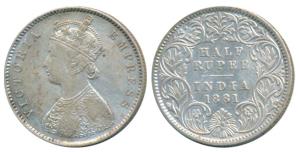 Victoria Empress, Silver ½ Rupee, 1881, Calcutta Mint, A / I / C incuse, (Prid 265). Very 