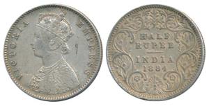 Victoria Empress, Silver ½ Rupee, 1884, Calcutta Mint, A / I / C incuse, (Prid 268). Very 