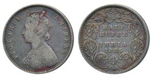 Victoria Empress, Silver ½ Rupee, 1885, Calcutta Mint, A / I / C incuse, (Prid 269). About