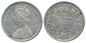 Victoria Queen, Silver Rupee, 1874, Calcutta Mint, A1/ I / No mint mark, (Prid 112). Extre
