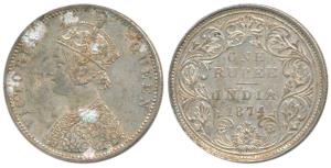 Victoria Queen, Silver Rupee, 1874, Bombay Mint, A2 / II / No mint mark, (Prid 142). Very 