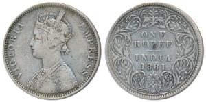 Victoria Empress, Silver Rupee, 1881, Bombay Mint, A3 / I / Dot, (Prid 158). About Very Fi