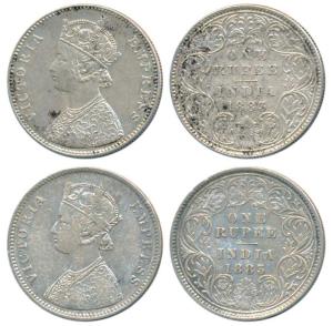 Victoria Empress, Silver Rupee (2), 1883, Calcutta Mint, A1 / I / C incuse, (Prid 122); Bo