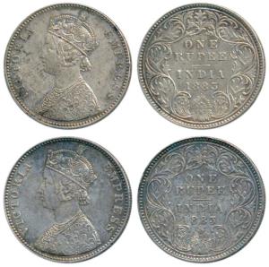 Victoria Empress, Silver Rupee (2), 1883, Bombay Mint, A3 / I / Dot, (Prid 162); A3 / I / 