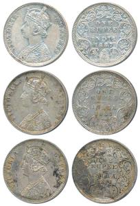 Victoria Empress, Silver Rupee (3), 1887, Calcutta Mint, C3 / I / C incuse, (Prid 128); Bo