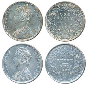 Victoria Empress, Silver Rupee (2), 1890, Calcutta Mint, C3 / I / C incuse, (Prid 131); Bo
