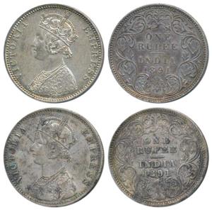 Victoria Empress, Silver Rupee (2), 1891, Calcutta Mint, C3 / I / C incuse,(Prid 132); Bom