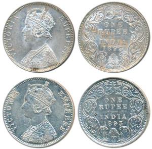 Victoria Empress, Silver Rupee (2), 1893, Calcutta Mint, C3 / I / C incuse, (Prid 134); Bo
