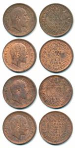 Edward VII, Copper & Bronze ¼ Anna (4), 1903, Calcutta Mint, (Prid 646); 1904, Calcutta Mi