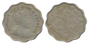 Edward VII, Cupro-Nickel, 1 Anna, 1909, Bombay Mint, B incuse, (Prid 928). Very Fine, Scar