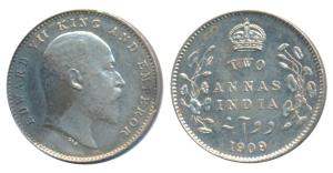 Edward VII, Silver 2 Annas, 1909, Calcutta Mint, (Prid 562). Superb mint luster, Uncircula