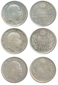 Edward VII, Silver ¼ Rupee (3), 1903, Calcutta Mint, (Prid 432); 1905, Calcutta Mint, (Pri