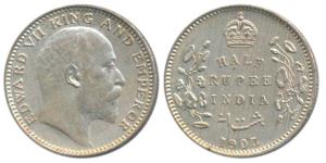 Edward VII, Silver ½ Rupee, 1905, Calcutta Mint, No mint mark, (Prid 309). About Extremely
