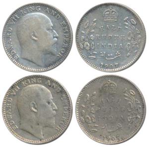 Edward VII, Silver ½ Rupee (2), 1907, Calcutta Mint, No mint mark, (Prid 311); Bombay Mint