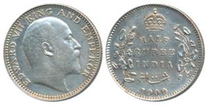 Edward VII, Silver ½ Rupee, 1909, Calcutta Mint, No mint mark, (Prid 313). About Uncircula