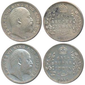 Edward VII, Silver ½ Rupee (2), 1910, Calcutta Mint, No mint mark, (Prid 314); Bombay Mint