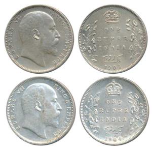 Edward VII, Silver Rupee (2), 1904, Calcutta Mint, (Prid 190); Bombay Mint, B incuse with 