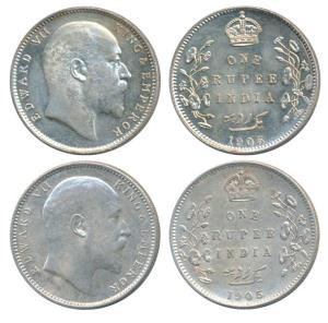 Edward VII, Silver Rupee (2), 1905, Calcutta Mint, (Prid 191); Bombay Mint, B incuse with 