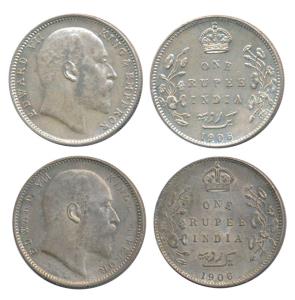 Edward VII, Silver Rupee (2), 1906, Calcutta Mint, (Prid 192); Bombay Mint, B incuse with 
